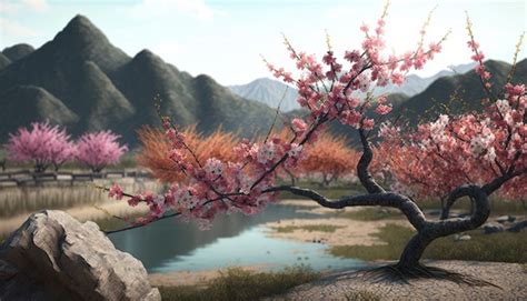 Peach Blossom Spring – A Serene Landscape Bathed in Exquisite Brushstrokes and Delicate Ink Washes!